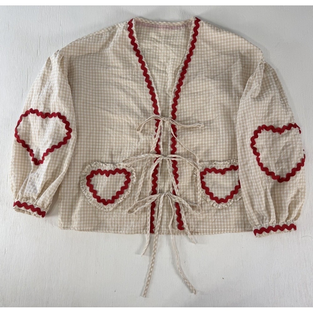Valentine's Day Cream tan & red heart tie front blouse top poplin style size Mโ